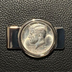 Men's Silver Tone Money Clip with Coin Accent